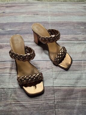 Braided Metallic Bronze Gold Chunky Block Heel Sandals